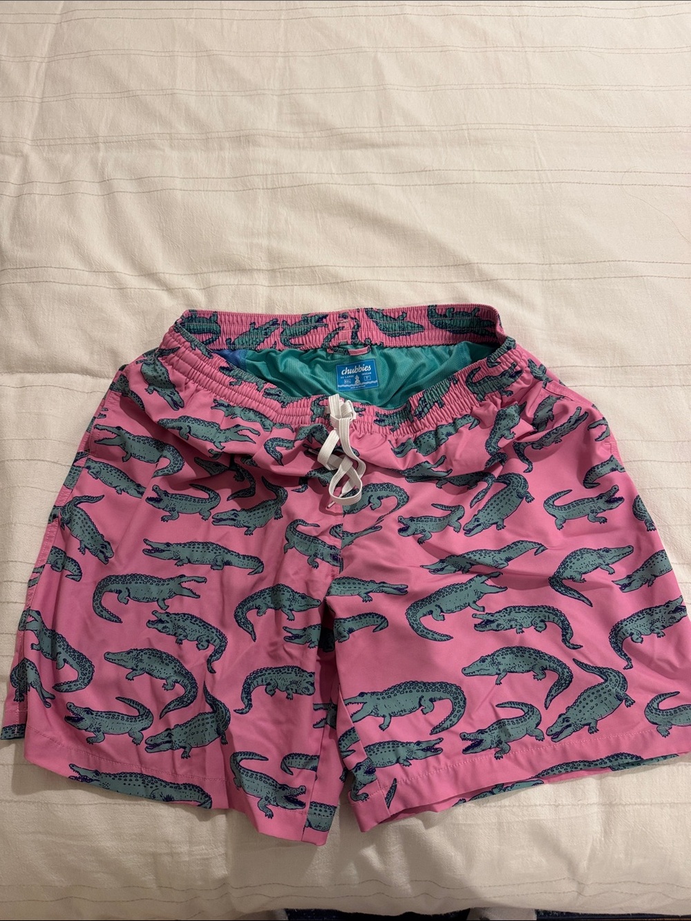 chubbies Pink Swim Trunks with Teal Alligator Print, XXL 7in inseam, boxer brief